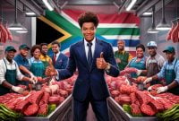 confident and professional individual standing in front of a meat market