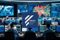image showing a modern control room with operators actively working at their stations, screens displaying various data and maps, conveying a sense of alertness and coordination. and the the logo of Fidelity Services Group in the middle