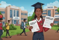 A modern South African university campus with diverse students walking, studying, and using laptops. A young student is holding a graduation cap in one hand and a document labeled 'Student Loan Approval' in the other, looking hopeful. In the background, a bank building and an NSFAS office represent financial aid options. The scene is bright and inspiring, symbolizing the journey of securing education funding in 2025.
