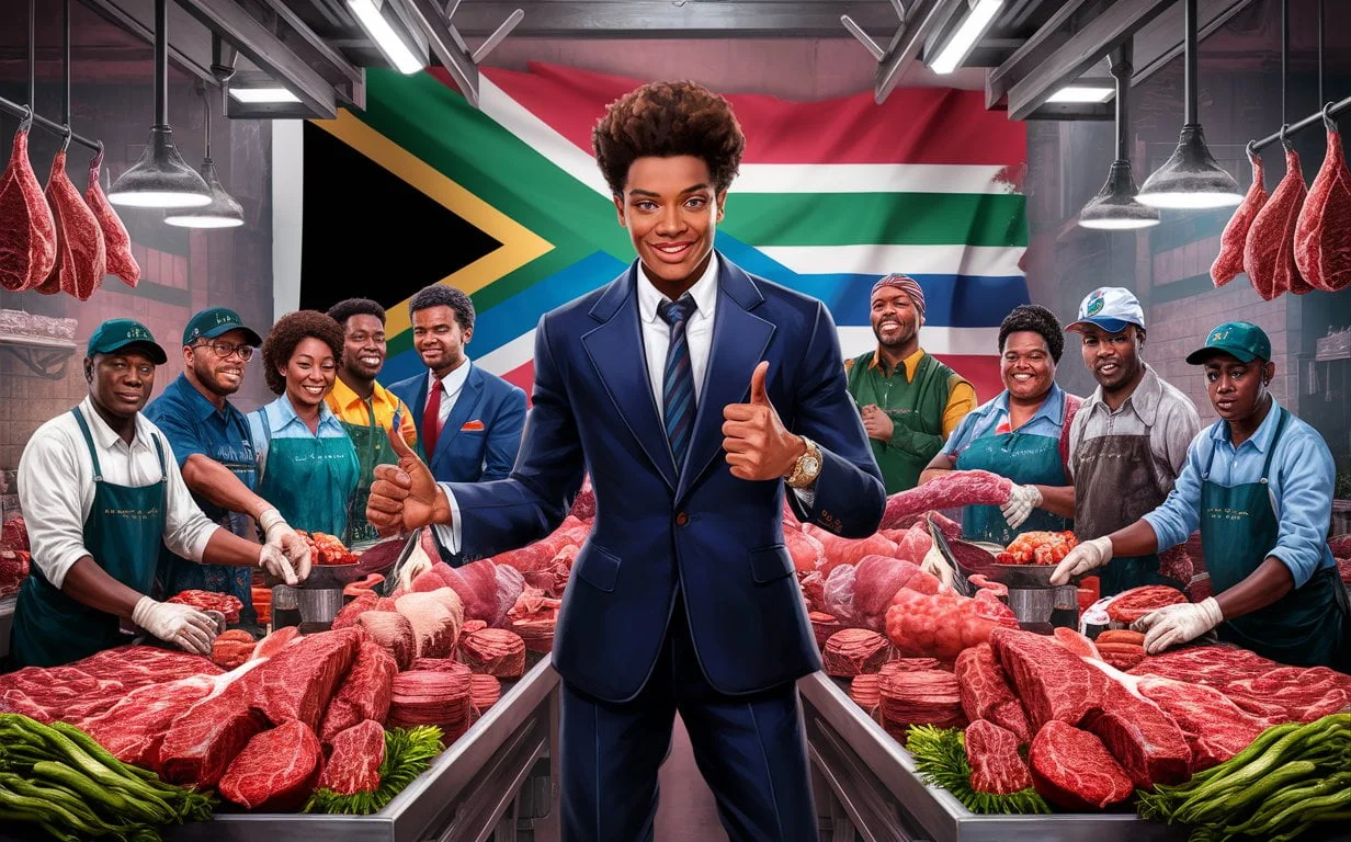 confident and professional individual standing in front of a meat market