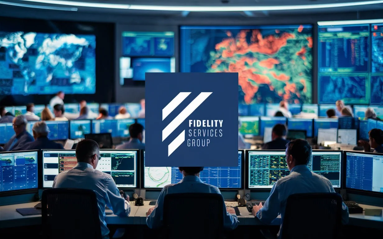 image showing a modern control room with operators actively working at their stations, screens displaying various data and maps, conveying a sense of alertness and coordination. and the the logo of Fidelity Services Group in the middle