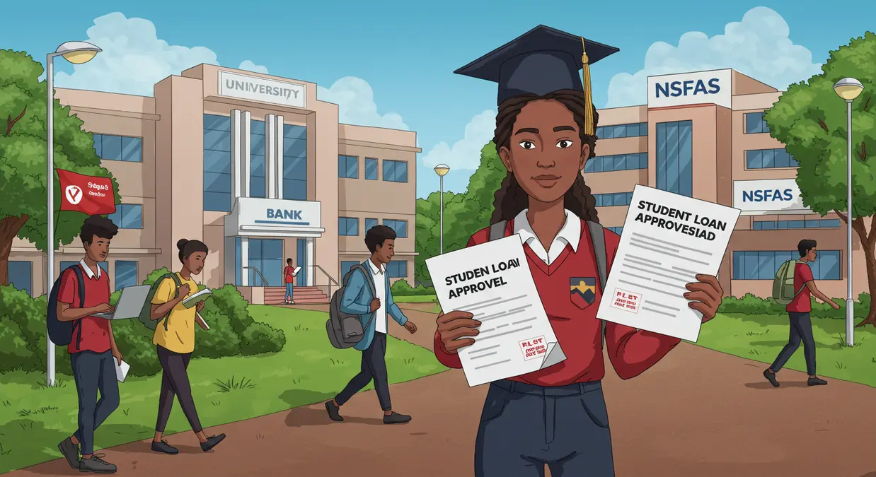 A modern South African university campus with diverse students walking, studying, and using laptops. A young student is holding a graduation cap in one hand and a document labeled 'Student Loan Approval' in the other, looking hopeful. In the background, a bank building and an NSFAS office represent financial aid options. The scene is bright and inspiring, symbolizing the journey of securing education funding in 2025.